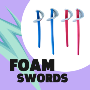 An image of four foam swords, two long and two short