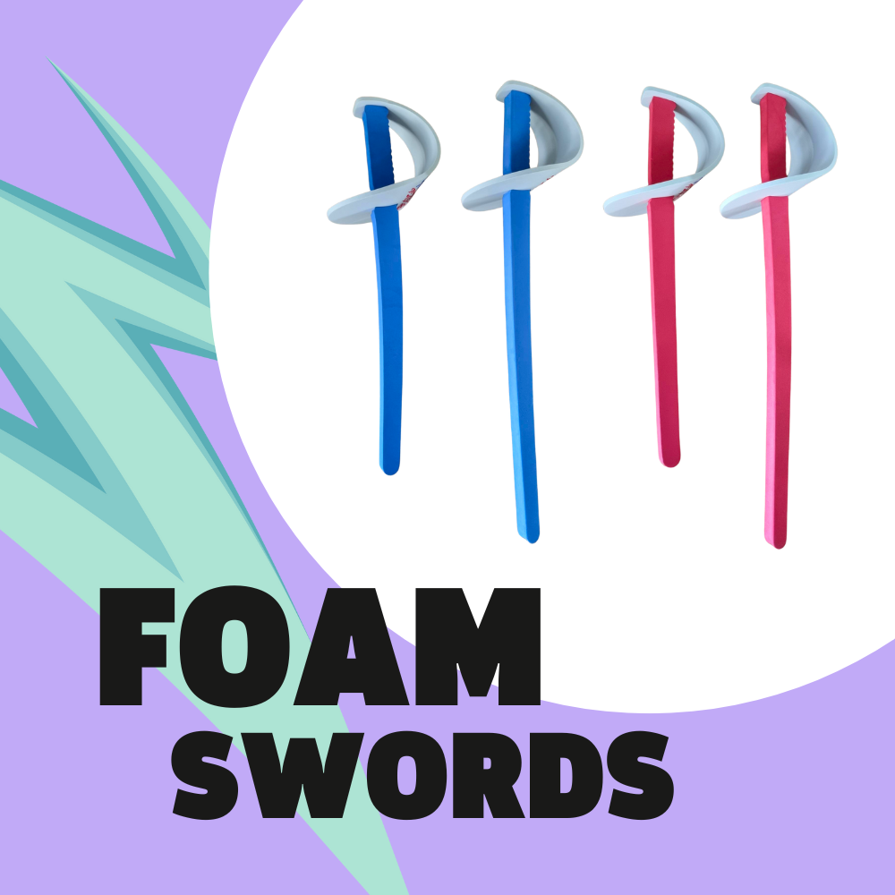 An image of four foam swords, two long and two short